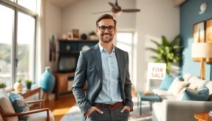 Real Estate agent presenting a staged home, inviting atmosphere with natural light.