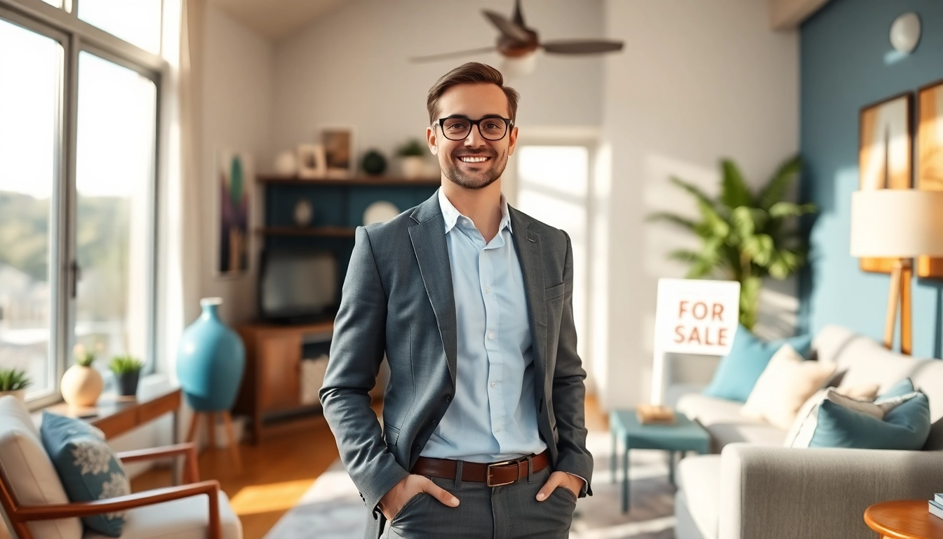 Real Estate agent presenting a staged home, inviting atmosphere with natural light.