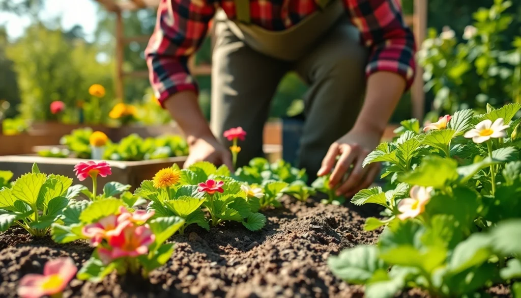 Gardening enthusiast nurturing a flourishing vegetable garden filled with colorful plants.