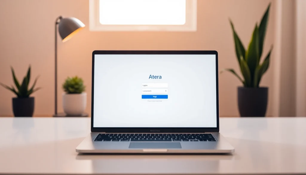 Atera login page displayed on a laptop with a modern workspace backdrop.