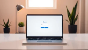 Atera login page displayed on a laptop with a modern workspace backdrop.