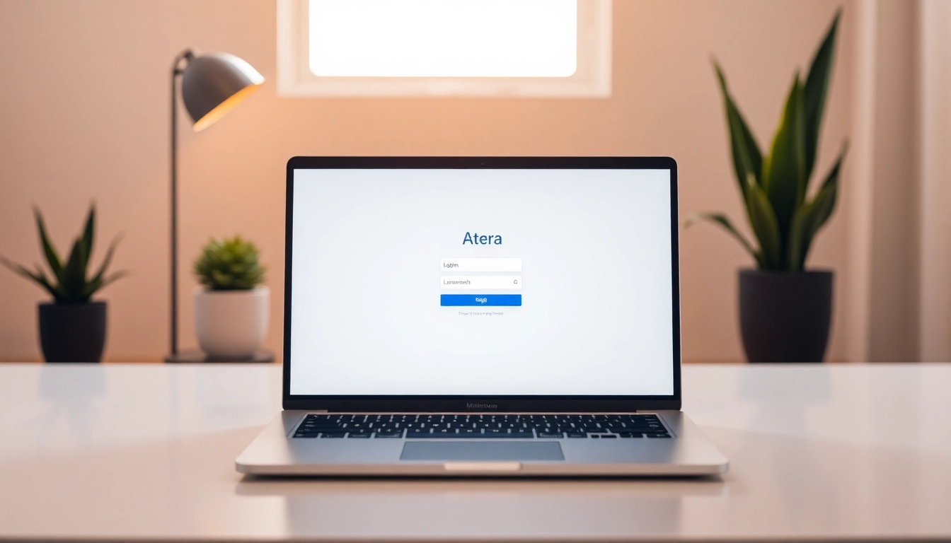 Atera login page displayed on a laptop with a modern workspace backdrop.
