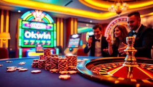 Experience the thrill of winning at Okwin casino with vibrant tables, poker chips, and slot machines.
