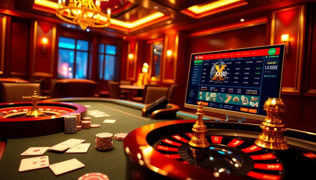 Experience the excitement of online gambling with XX88's luxurious casino scene showcasing poker chips and roulette.