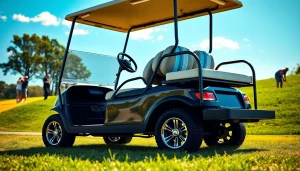 Experience a vibrant golf cart on a sunny golf course, highlighting its sleek features.