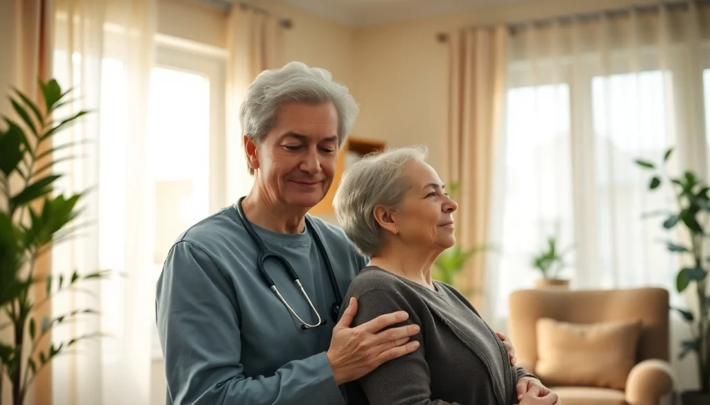 Showing in home care austin tx with caregiver assisting elderly in a warm setting