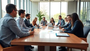 Business team collaborating effectively during a meeting in an inspiring office environment.
