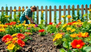 Gardening scene with a gardener tending colorful plants, showcasing vibrant flowers and vegetables.