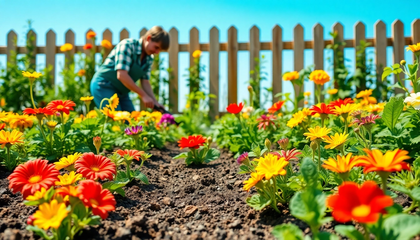 Gardening scene with a gardener tending colorful plants, showcasing vibrant flowers and vegetables.