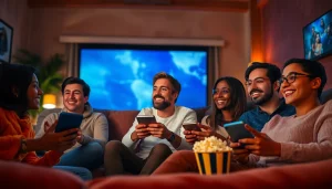 Enhance your streaming experience with https://bandarlayarkaca21.com, featuring joyful viewers engaged in movie watching.