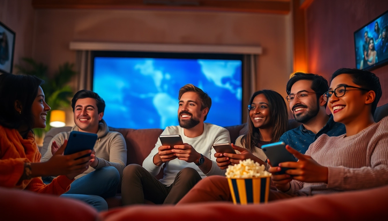 Enhance your streaming experience with https://bandarlayarkaca21.com, featuring joyful viewers engaged in movie watching.