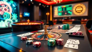 Engaging scene of an online platform at DR88 nhà cái uy tín with poker chips and a roulette wheel.