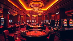 Exciting casino scene showcasing Kkwin online gambling elements with poker tables and vibrant décor.