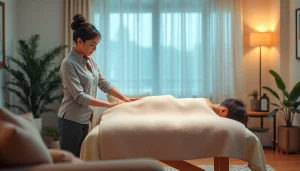 평온한 거실에서 이동 마사지사와 함께 편안한 경험을 제공하는 출장마사지 세션