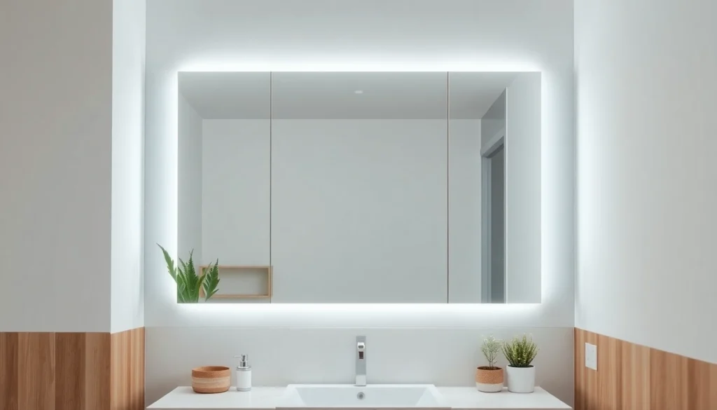 Brightly lit elegant bathroom mirror enhancing a modern vanity setup.