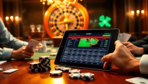 Sbobet betting interface showcased at a luxury casino with poker and roulette games.