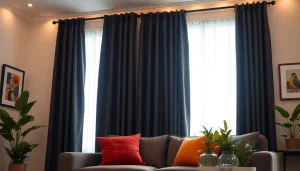Verduisterende gordijnen in een stijlvolle woonkamer die lichtfilteren voor een gezellige sfeer.
