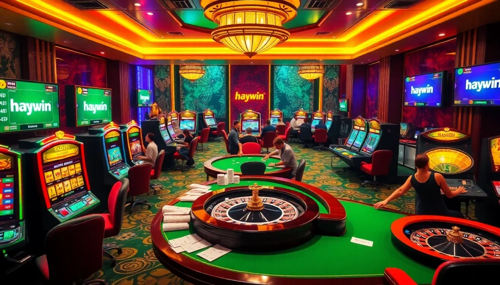 Players enjoying gaming experiences at the luxurious Haywin online casino, featuring vibrant slot machines and poker tables.