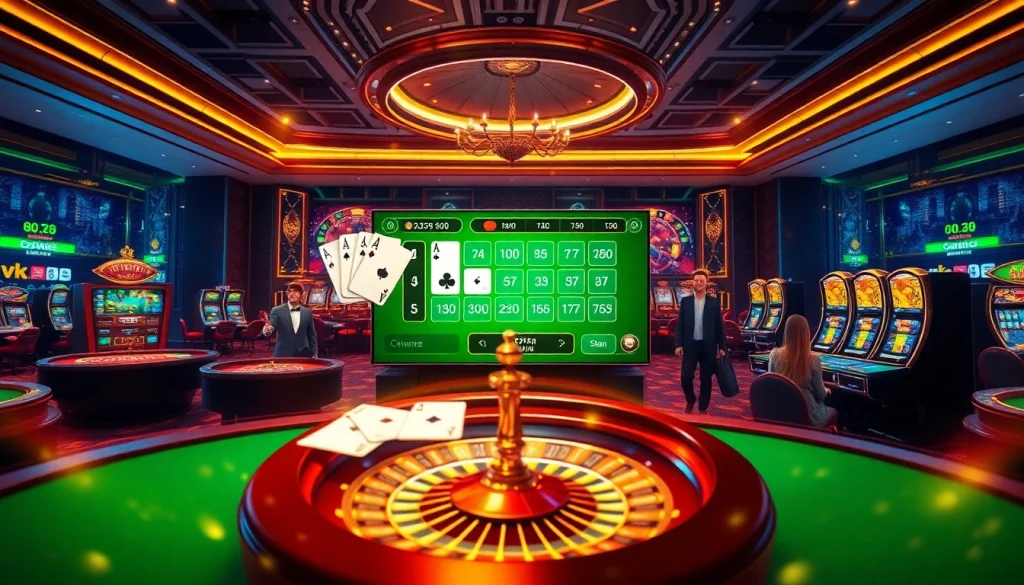 Experience thrilling gaming action at https://ok88.tech/, showcasing casino tables and vibrant gambling elements.