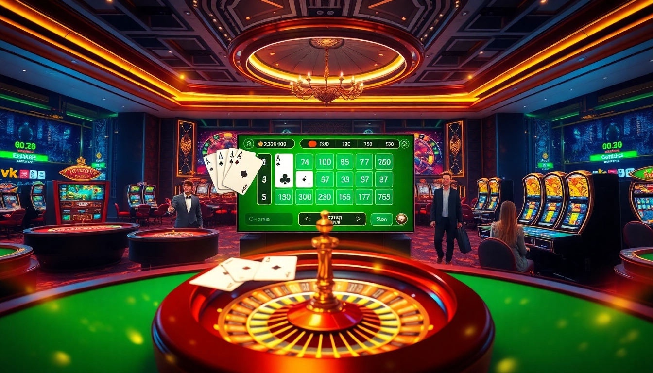 Experience thrilling gaming action at https://ok88.tech/, showcasing casino tables and vibrant gambling elements.