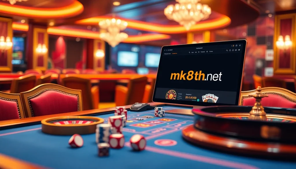 Experience the thrill of online gambling at mk8th.net with vibrant casino elements, poker chips, and roulette wheels.