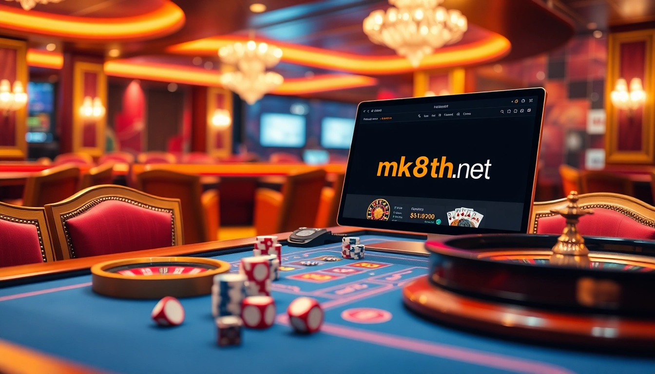Experience the thrill of online gambling at mk8th.net with vibrant casino elements, poker chips, and roulette wheels.
