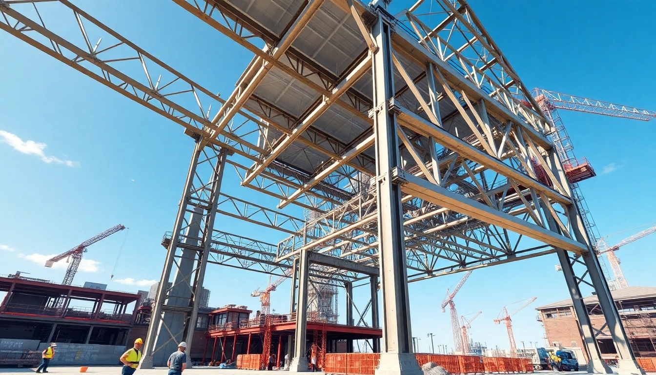 Innovative steel structure design showcasing modern engineering in a vibrant urban landscape.