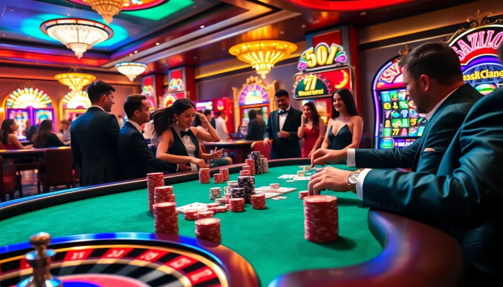 Players enjoying high-stakes gambling at a vibrant casino table in mm88 video's thrilling atmosphere.