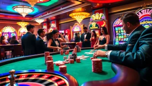 Players enjoying high-stakes gambling at a vibrant casino table in mm88 video's thrilling atmosphere.