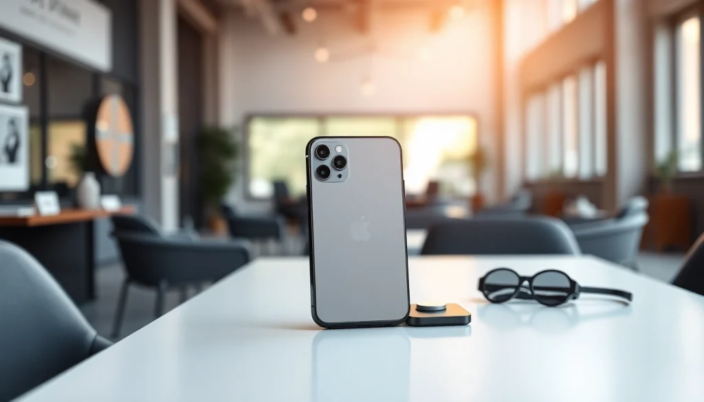 Visualiza el iPhone 15 Plus en un entorno moderno con iluminación cálida y accesorios elegantes.