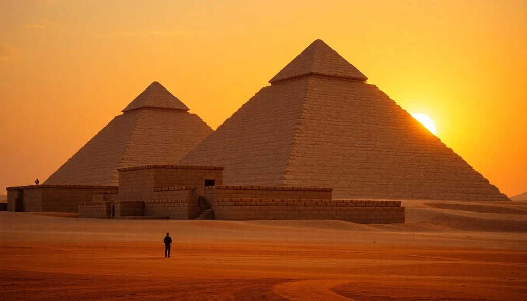 Pyraminds of Giza illuminated by sunset, showcasing their grandeur and intricate architecture.