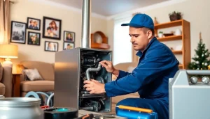 Trustworthy technician conducting furnace repair northsalem in a warm home environment.