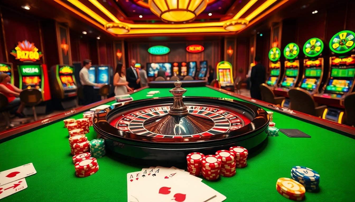 Exciting gaming scene at RR88 with roulette wheel and colorful casino chips.