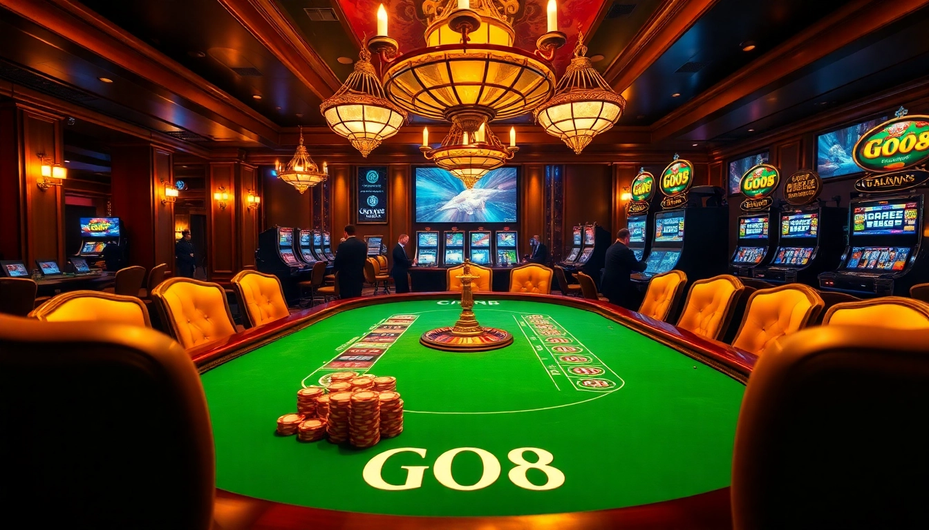 Gamblers strategizing at a luxurious poker table in a GO8-themed casino scene.
