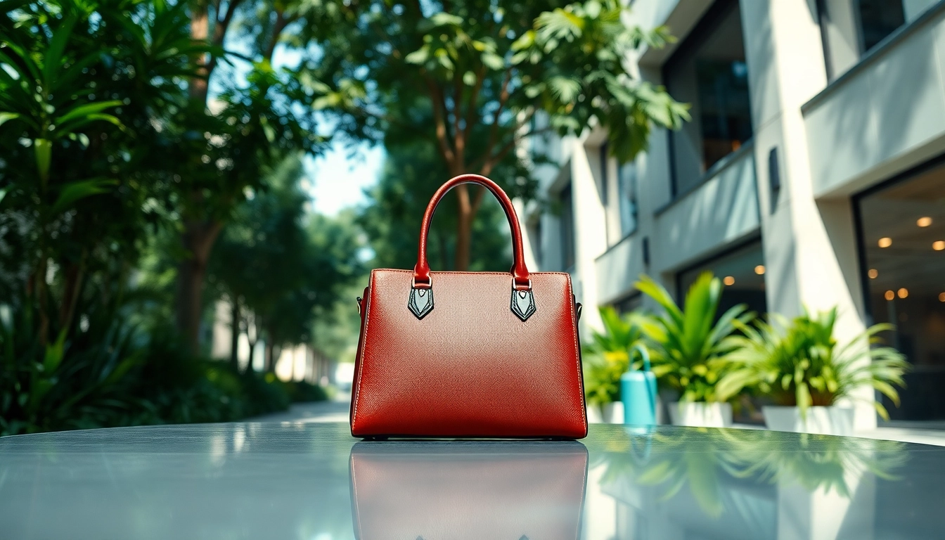 레플리카 핸드백이 도시 배경에서 우아하게 전시되고 있습니다.