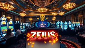 Pemain menikmati mesin Slot Zeus di kasino yang meriah, dipenuhi kegembiraan dan antisipasi.