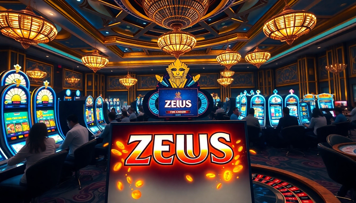 Pemain menikmati mesin Slot Zeus di kasino yang meriah, dipenuhi kegembiraan dan antisipasi.