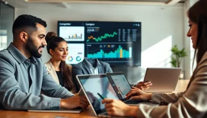 Analyze data to find competitor customer list with professionals in a modern office.