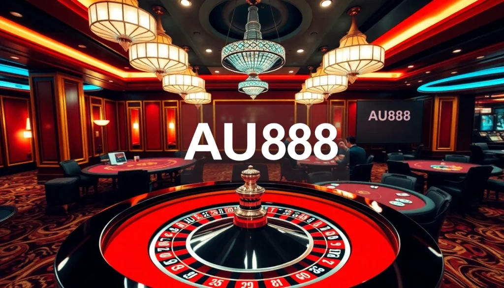 Players enjoying gambling with AU88 poker chips and roulette table in a luxurious casino.