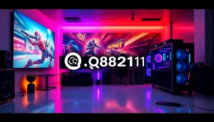 Menampilkan logo qq8821 dalam pengaturan gaming modern yang memukau dan kreatif.