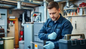 Gas furnace replacement mt kisco technician expertly servicing a home heating system.