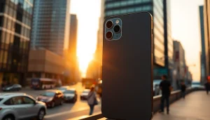Usa el iPhone 15 Plus para capturar imágenes en una ciudad vibrante al atardecer.