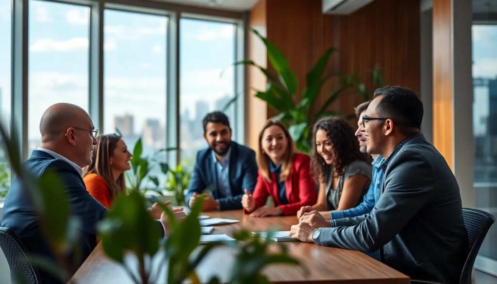 Hire sales reps in a collaborative setting with diverse professionals engaged in discussions.