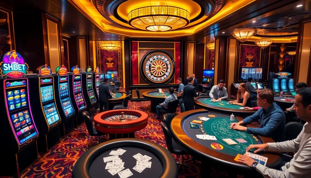 SHBET casino floor showcasing vibrant slot machines and poker tables in an exciting atmosphere.
