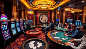 SHBET casino floor showcasing vibrant slot machines and poker tables in an exciting atmosphere.