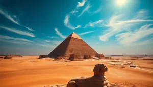 Explore the stunning piraminds at Giza, capturing their grandeur against a bright blue sky.