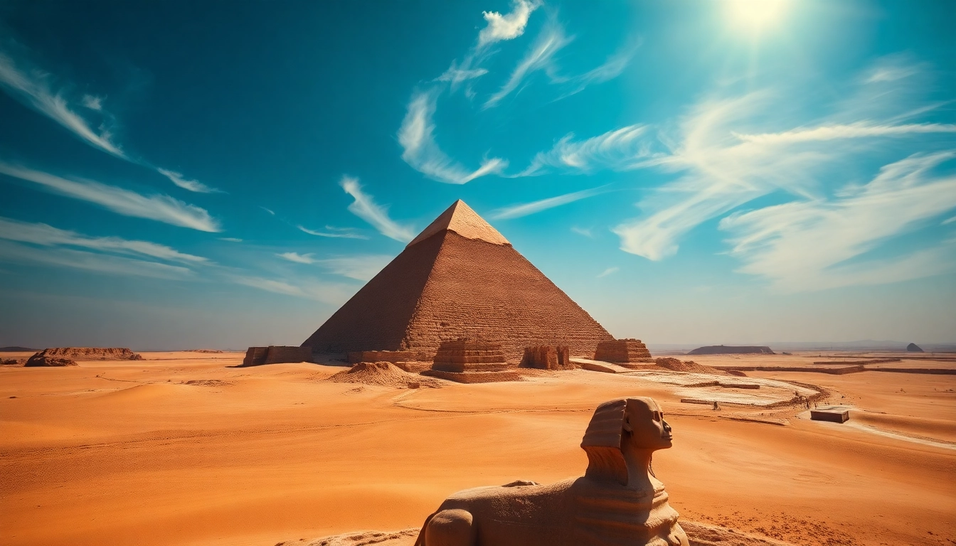 Explore the stunning piraminds at Giza, capturing their grandeur against a bright blue sky.