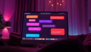 Engaging NSFW AI chatbot interface with vibrant chat dialogue in a cozy setting