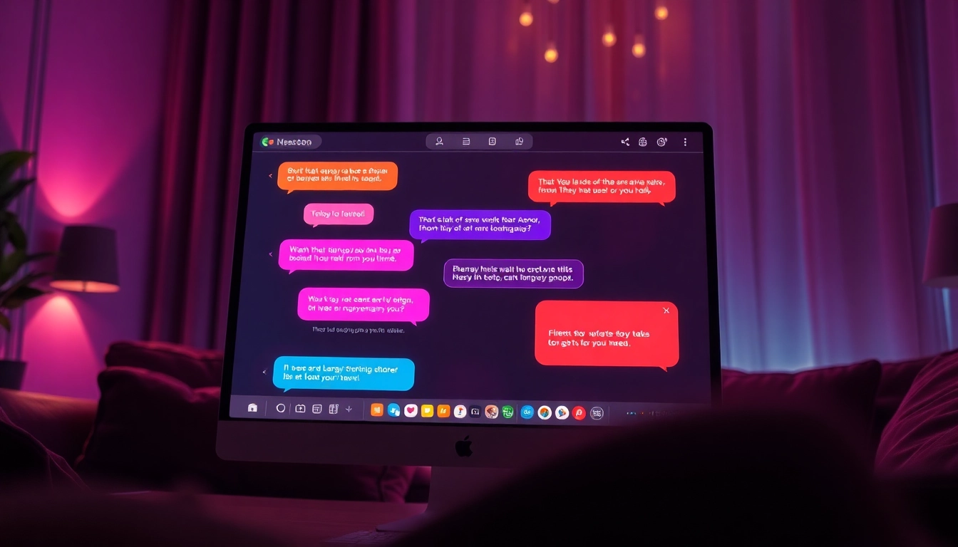 Engaging NSFW AI chatbot interface with vibrant chat dialogue in a cozy setting