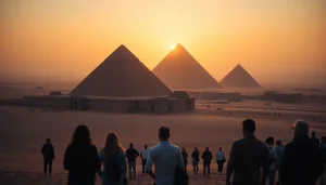 Visitors admiring the grand pyramids of Egypt, symbolizing historical piraminds.